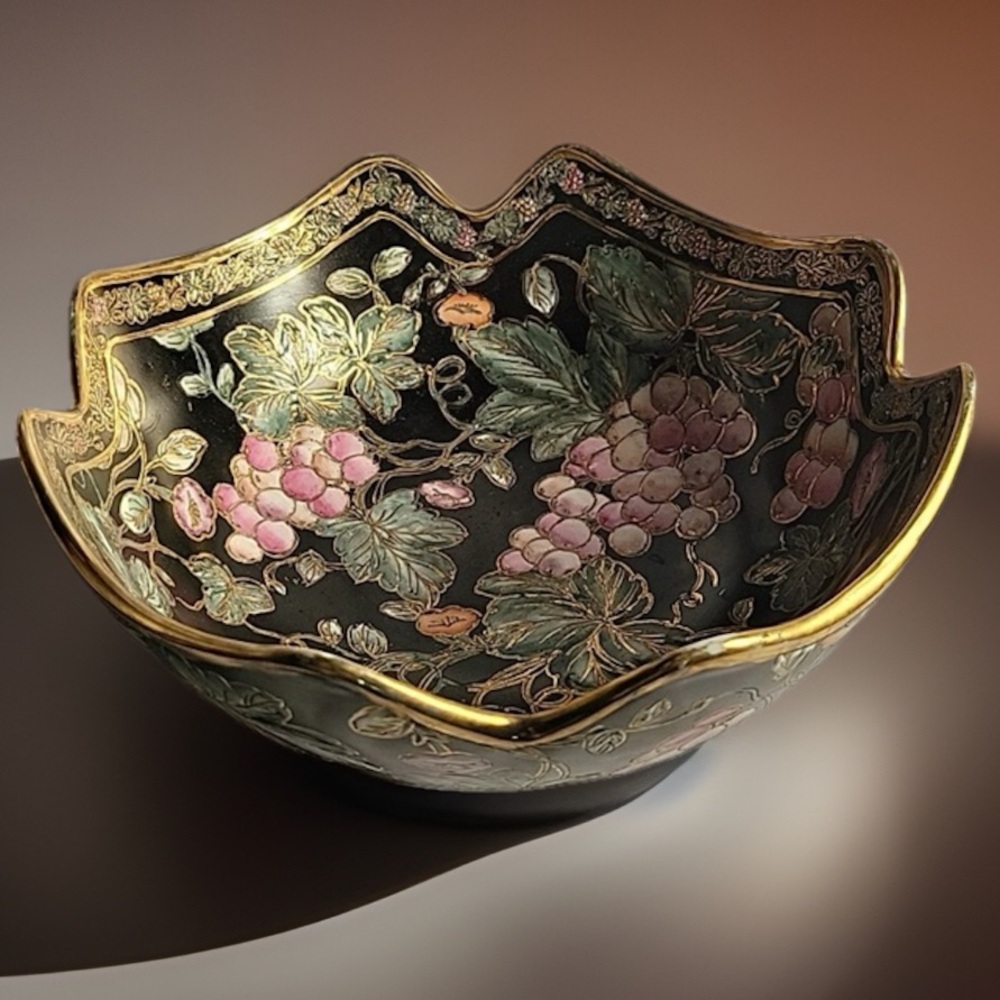 Andrea By Sadek Black and Gold Floral Ceramic Bowl